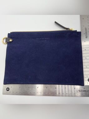 Burberry Roscommon Blue Calf Suede Zip Pouch Clutch Cosmetic Bag Gold Hardware